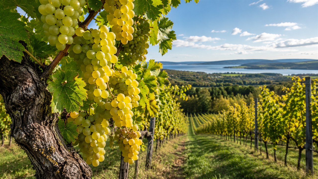 Ripe golden-yellow Riesling clusters hanging from a mature gnarled vine in a Northern Michigan vineyard, with vine rows descending toward Grand Traverse Bay in the late-afternoon sun